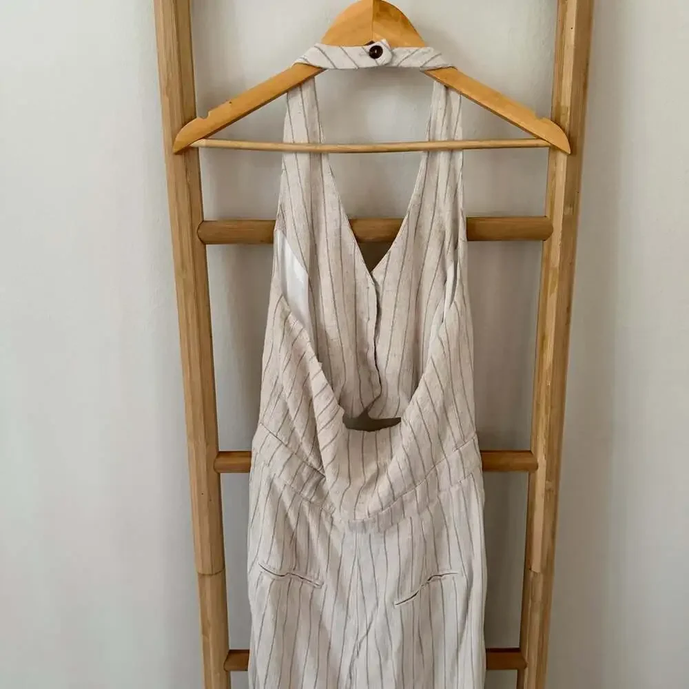 Zara Striped Linen Blend Rustic Halter Jumpsuit Beige Ecru Wide Leg Medium